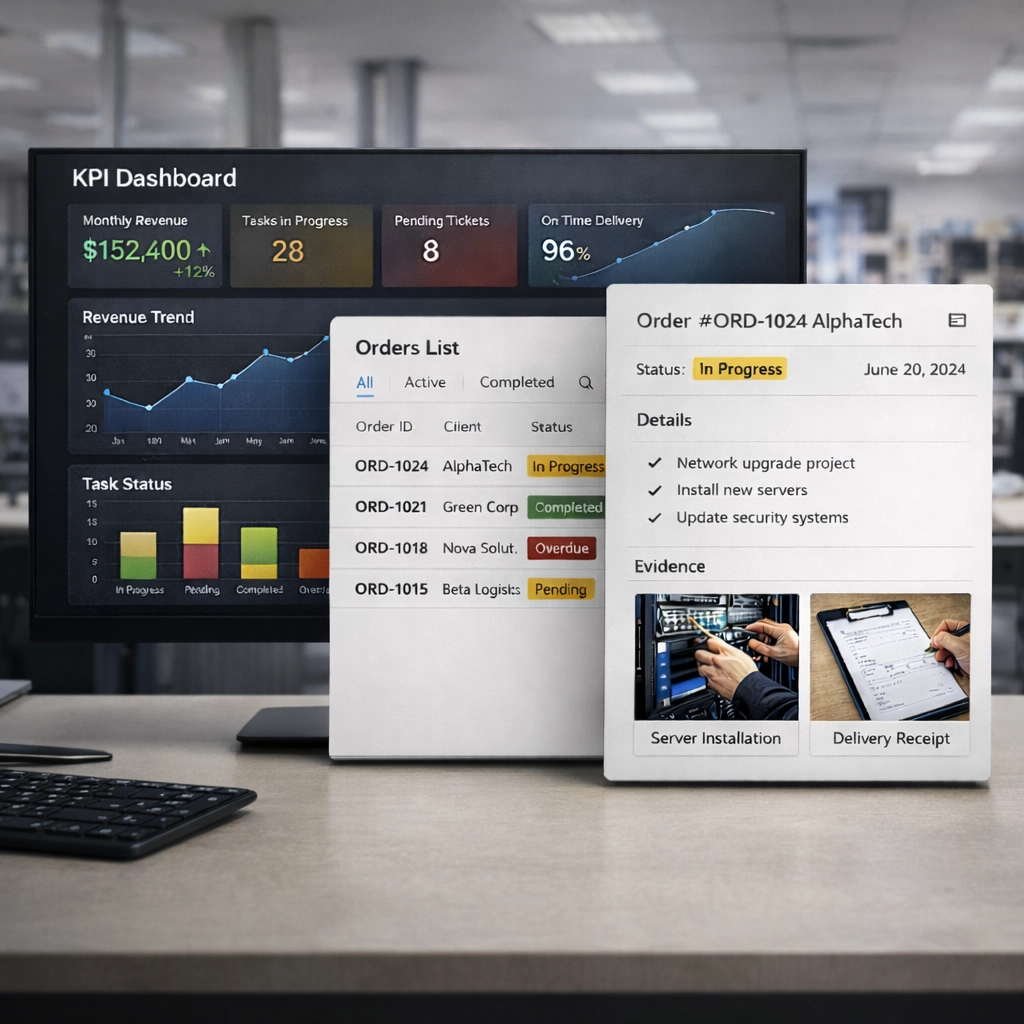 Mockup dashboardu KPI i workflow zleceń