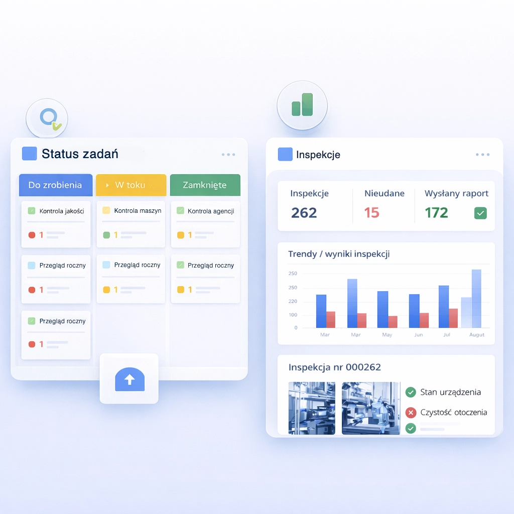 Grafika: workflow statusów i panel raportu.